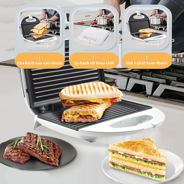 Máy nướng bánh mì DORON 750W gia nhiệt kép 2 mặt, chống dính telfon siêu bền