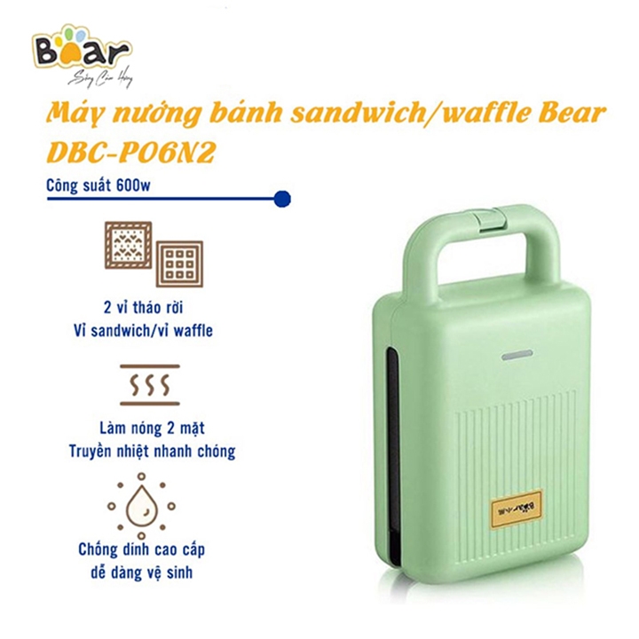 Máy kẹp nướng bánh Sandwich/Waffle BEAR DBC-P06N2 khuôn chống dính Teflon cao cấp