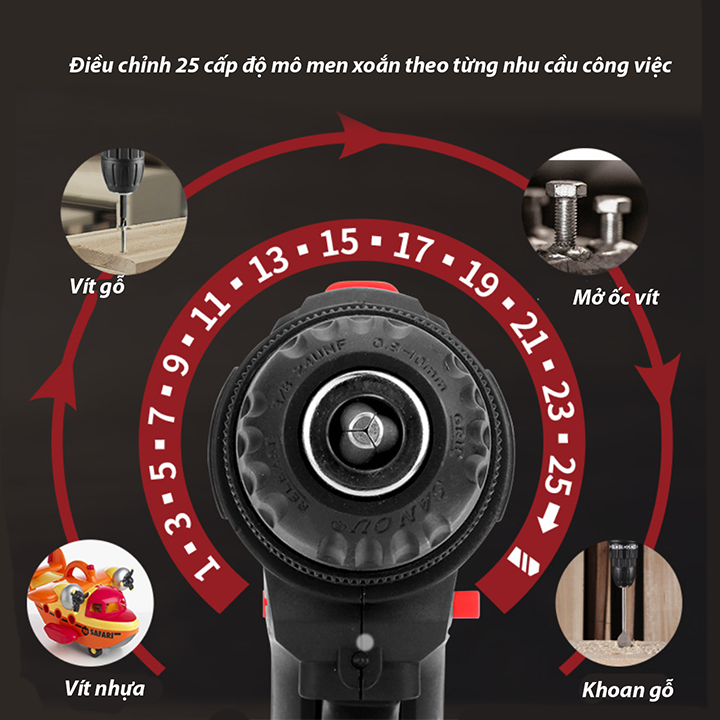 Máy vặn ốc vít, máy khoan pin động cơ lõi đồng, 2 cấp độ có đèn led chiếu sáng