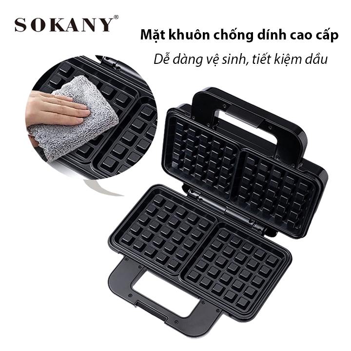 Máy làm bánh waffle đôi SOKANY 1000W làm nóng nhanh chín đều 2 mặt khuôn