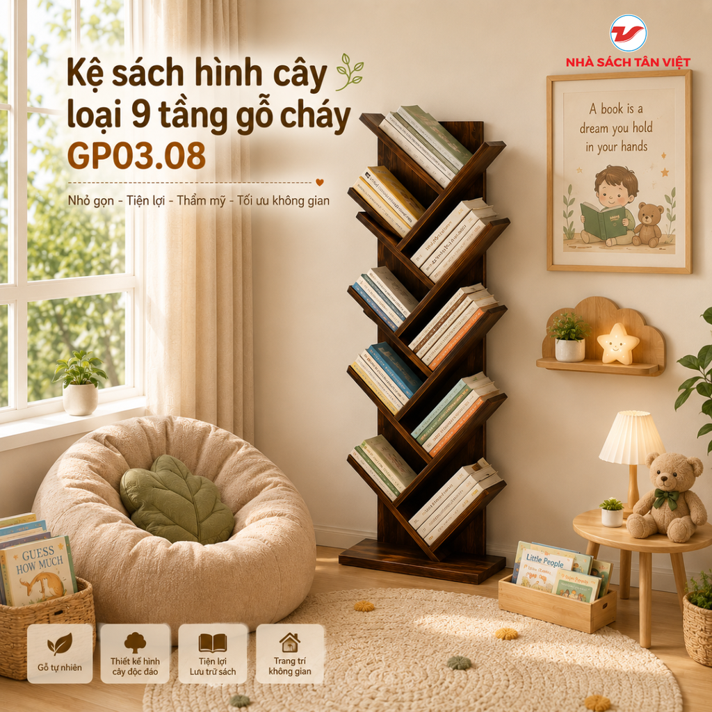 Kệ Sách Hình Cây Loại 9 Tầng Gỗ Cháy GP03.08 - Decor Phòng Khách, Góc Đọc Sách Cho Bé