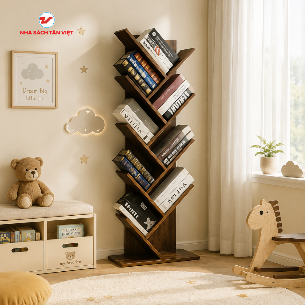 Kệ Sách Hình Cây Loại 9 Tầng Gỗ Cháy GP03.08 - Decor Phòng Khách, Góc Đọc Sách Cho Bé