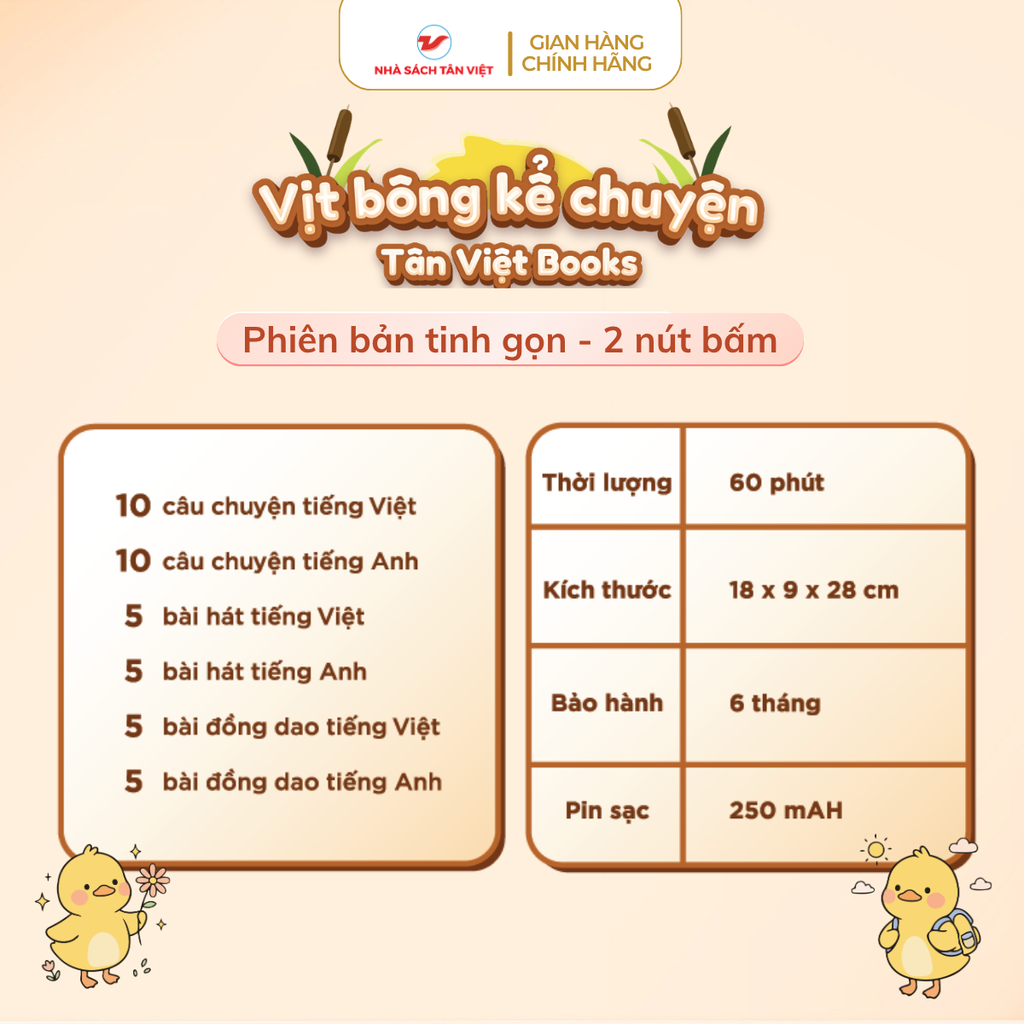 Vịt Bông Vàng Kể Chuyện - Phiên Bản Tinh Gọn - 2 Nút Bấm - Size 25cm