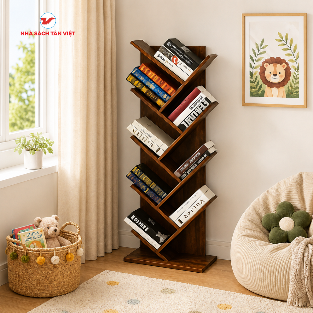 Kệ Sách Hình Cây Loại 9 Tầng Gỗ Cháy GP03.08 - Decor Phòng Khách, Góc Đọc Sách Cho Bé