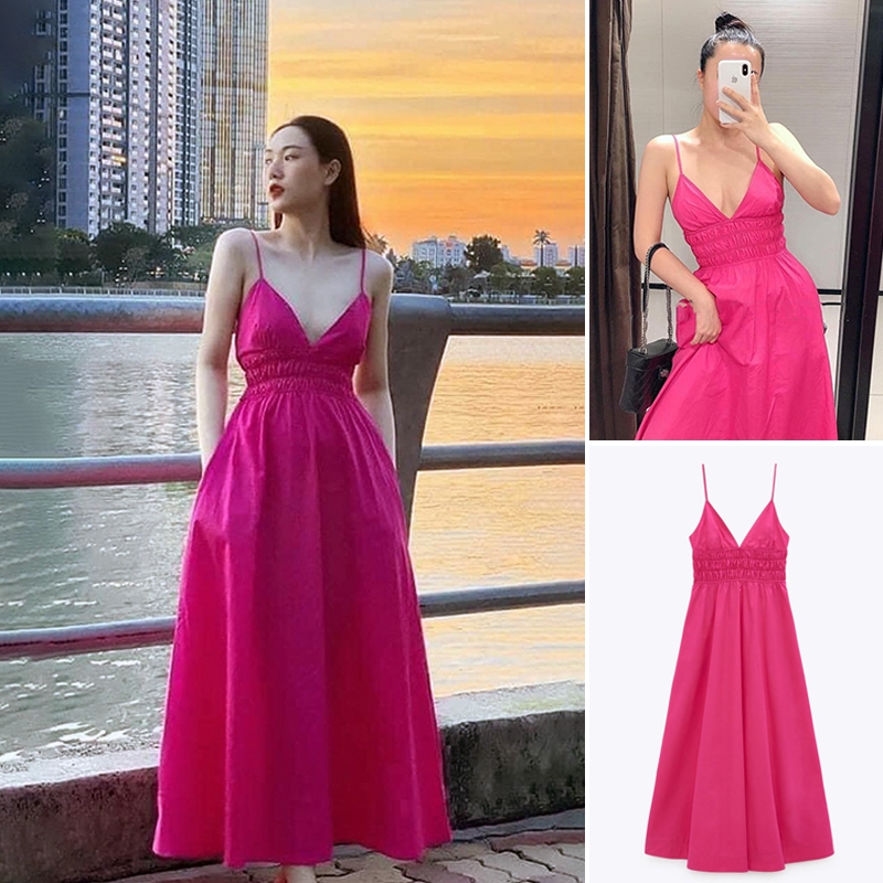 ĐẦM POPLIN ZARA NỮ DÁNG XÒE MÀU HỒNG - 2570/303