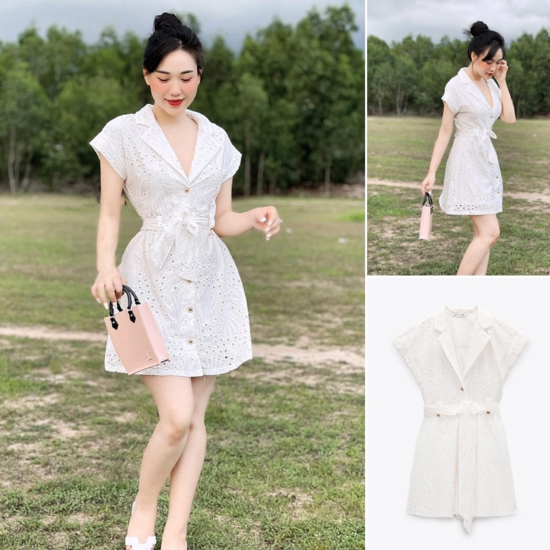 Váy đầm sơ mi diễu chỉ nẹp áo Beige