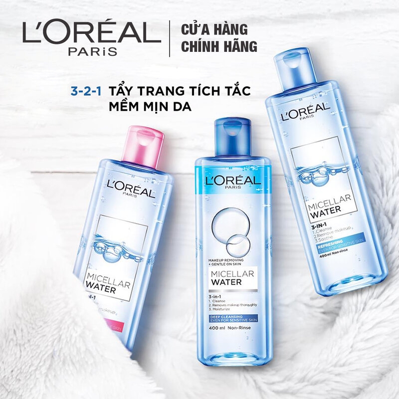 Nước Tẩy Trang L'Oreal Làm Sạch Sâu Trang Điểm 400ml Micellar Water 3-in-1 Deep Cleansing Even For Sensitive Skin