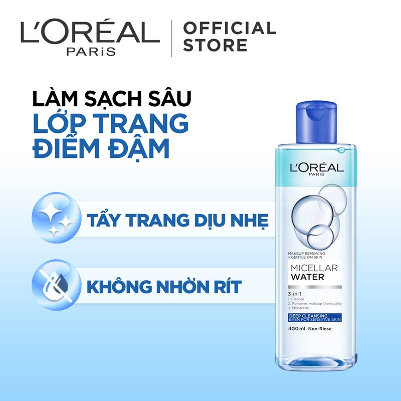 Nước Tẩy Trang L'Oreal Làm Sạch Sâu Trang Điểm 400ml Micellar Water 3-in-1 Deep Cleansing Even For Sensitive Skin