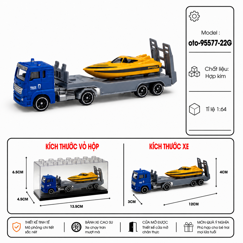 Xe chở thuyền cứu hộ , chất liệu hợp kim , có hộp meca trưng bày , tỉ lệ 1:64 - SKU : oto-95577-22G - ( VAT : 103-01-25 )