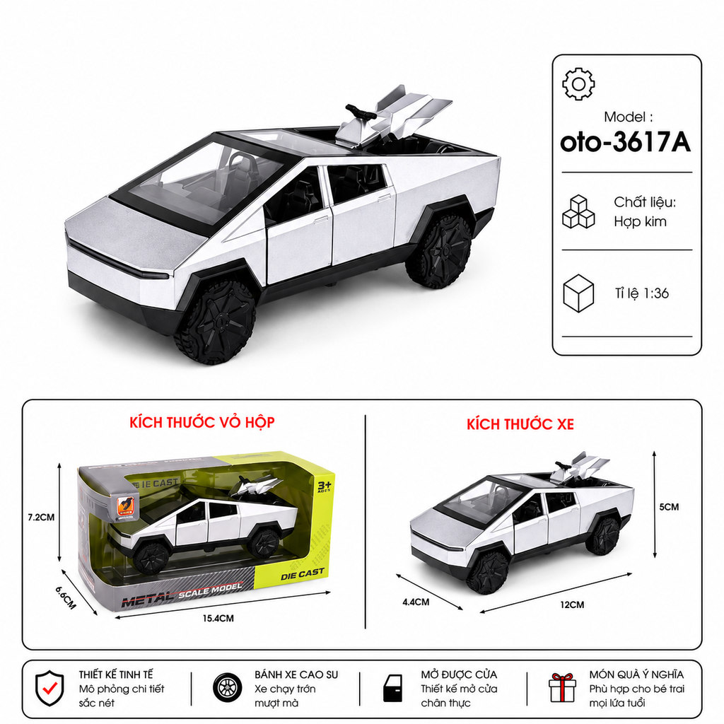 Mô Hình xe bán tải tesla hợp kim , tỉ lệ 1:36 - Dài 12cm - rộng 4.4cm - cao 5cm - SKU : oto-3617A - ( Vat : 103-01-35 )