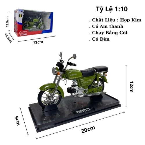 Mô Hình Xe honda CD50 xanh lá tỉ lệ 1:10 Hợp kim - bánh sau chạy cót - Dài 20cm - rộng 9cm - cao 12cm - nặng : 200gram - FULL BOX : box màu SKU : oto478c -( VAT : 003-09-130 ) - K51-T5-S9