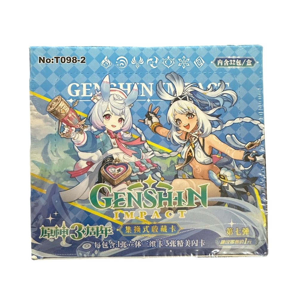 Pack thẻ genshin impact xanh trời - 1 Hộp = 32PACK - Mỗi pack có 5 thẻ- Cao 13cm - rộng 14cm - K31-T2-S6