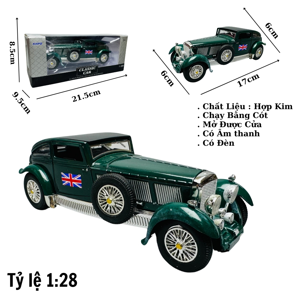 Mô Hình Xe cổ màu xanh lá mạ 1:28 Hợp kim có thể mở cửa - bánh sau chạy cót - Có tiếng - đèn pha sáng - Dài 17cm - rộng 6cm - cao 6cm - nặng ~ 800gram - FULL BOX : box màu SKU : oto132 l
