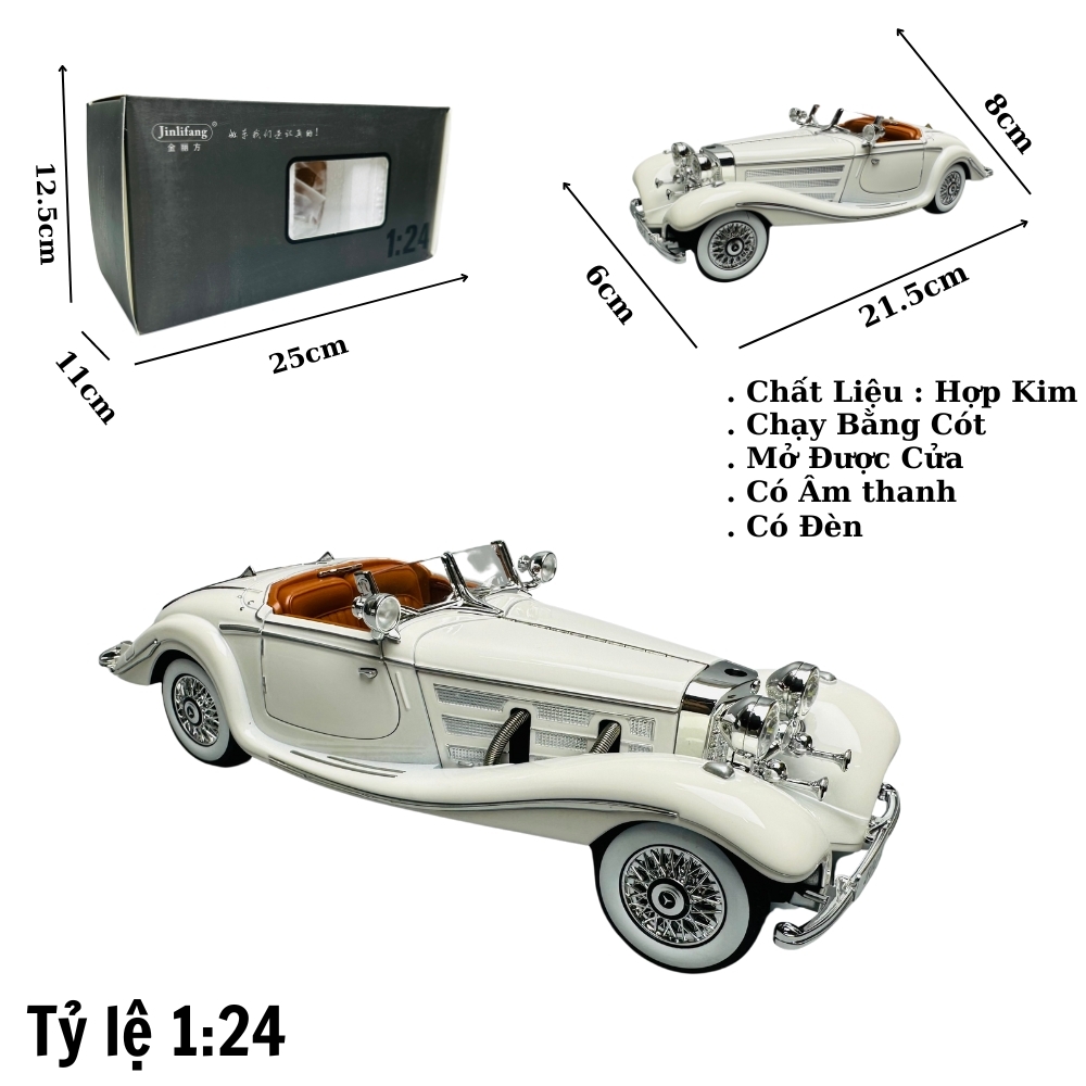 Mô Hình Xe cổ trắng 1:24 Hợp kim có thể mở cửa - bánh sau chạy cót - Có tiếng - đèn pha sáng - Dài 21.5cm - rộng 8cm - cao 6cm - nặng ~ 1000gram - FULL BOX : box màu SKU : oto146 - ( VAT : 003-01-180 )- K65-T5-S1