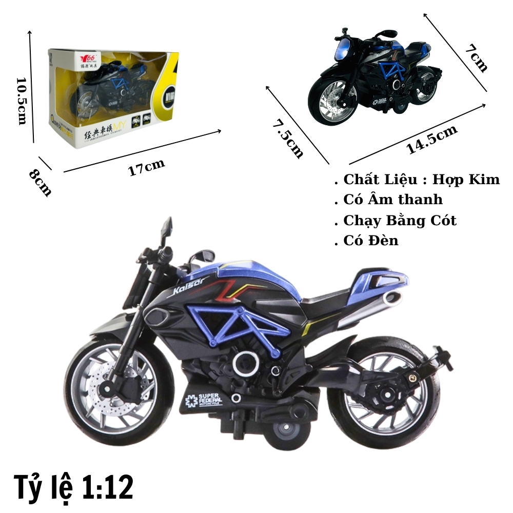 Mô Hình xe Motor Kaiser đen xanh tỉ lệ 1:12 Hợp kim có thể mở cửa - bánh sau chạy cót - Dài 14.5cm - cao 7cm - nặng 500gram - Figure Oto - FULL BOX : box màu - SKU : oto411 -( Vat : DC007 )