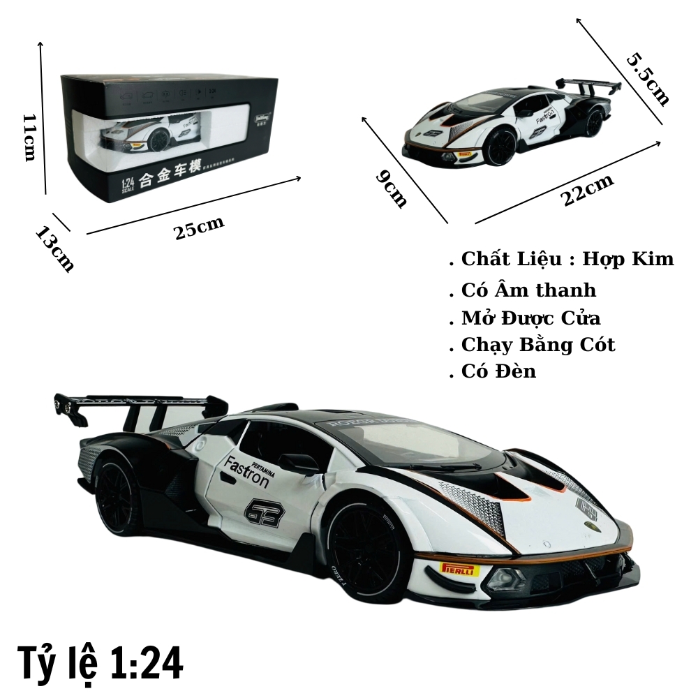 Mô Hình xe lambogini trắng đua tỉ lệ 1:24 Hợp kim có thể mở cửa - bánh sau chạy cót - Dài 22cm - cao 5.5cm - nặng 800gram - Figure Oto - FULL BOX : box màu - SKU : oto404 - (VAT: 003-01-150) - K69-T3-S2