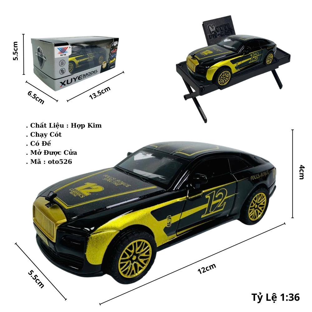 Mô Hình Xe roll royce đen đua tỉ lệ 1:36 Hợp kim có thể mở cửa - bánh sau chạy cót - Dài 12.5cm - rộng 5.5cm - cao 4cm - nặng : 300gram - FULL BOX : box màu SKU : oto526 - ( VAT : DC002 )- K52-T2-S7