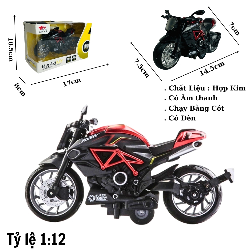 Mô Hình xe Motor Kaiser đen đỏ 1:12 Hợp kim có thể mở cửa - bánh sau chạy cót - Dài 14.5cm - cao 7cm - nặng 500gram - Figure Oto - FULL BOX : box màu - SKU : oto412 - ( Vat : DC007 )