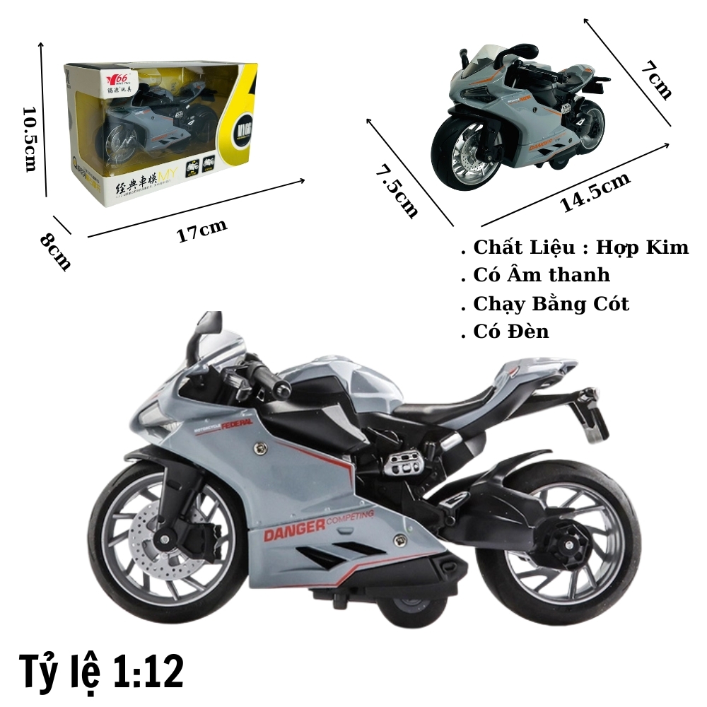 Mô Hình xe Moto danger xám tỉ lệ 1:12 Hợp kim có thể mở cửa - bánh sau chạy cót - Dài 14.5cm - cao 7cm - nặng 500gram - Figure Oto - FULL BOX : box màu - SKU : oto410 - ( Vat : DC007 )