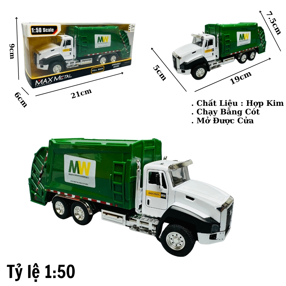 Mô Hình Xe Rác tỉ lệ 1:50 Hợp kim có thể mở cửa - bánh sau chạy cót - Dài 19cm - rộng 5cm - cao 7.5cm - nặng : 200gram - FULL BOX : box màu SKU : oto114 - K70-T2-S6