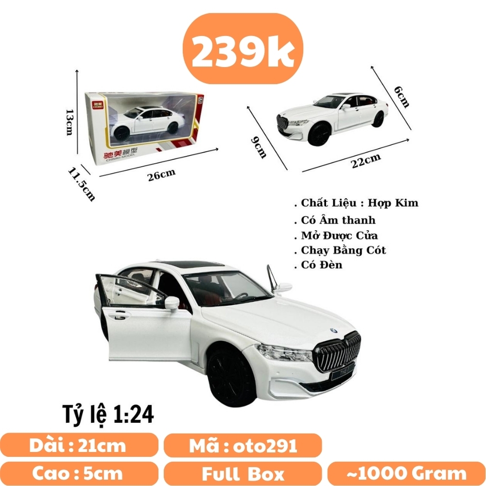 Mô Hình xe bmw trắng tỉ lệ 1:24 Hợp kim có thể mở cửa - bánh sau chạy cót - Dài 22cm - rộng 9cm - cao 6cm - nặng : 1200gram - FULL BOX : box màu SKU : oto291 - N3-K7-T1-S3