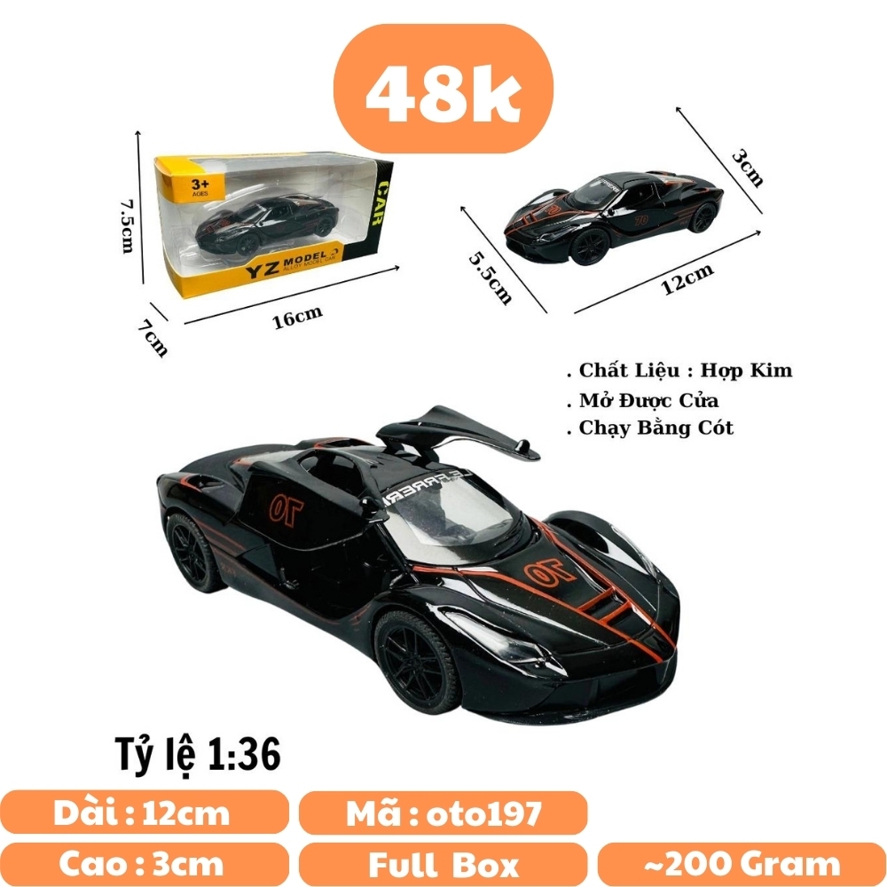 Mô Hình xe laferrari đen có họa tiết tỉ lệ 1:36 Hợp kim có thể mở cửa - bánh sau chạy cót - Dài 12cm - rộng 5.5cm - cao 3cm nặng : 200gram - FULL BOX : box màu SKU : oto197 - N3-K4-T3-S4