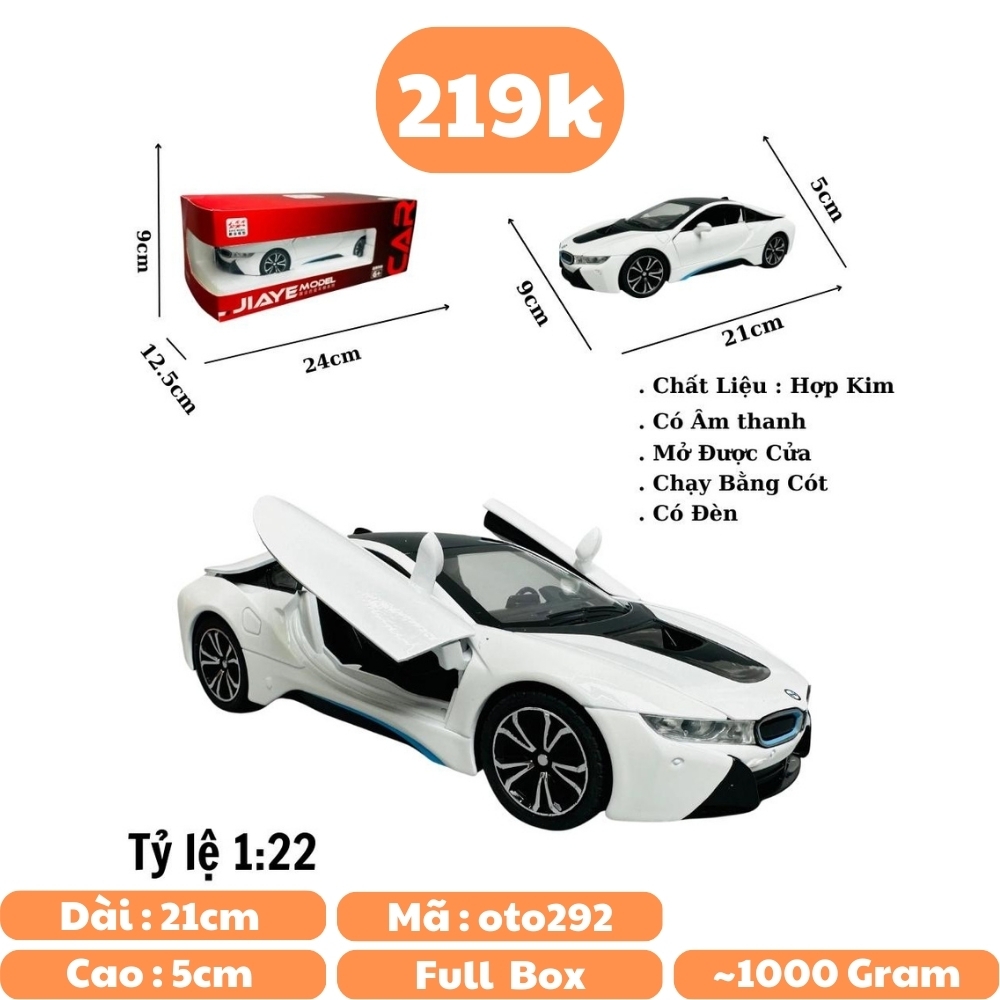 Mô Hình xe bmw i8 trắng tỉ lệ 1:22 Hợp kim có thể mở cửa - bánh sau chạy cót - Dài 21cm - rộng 9cm - cao 5cm - nặng : 800gram - FULL BOX : box màu SKU : oto292 - N3-K8-T3-S4