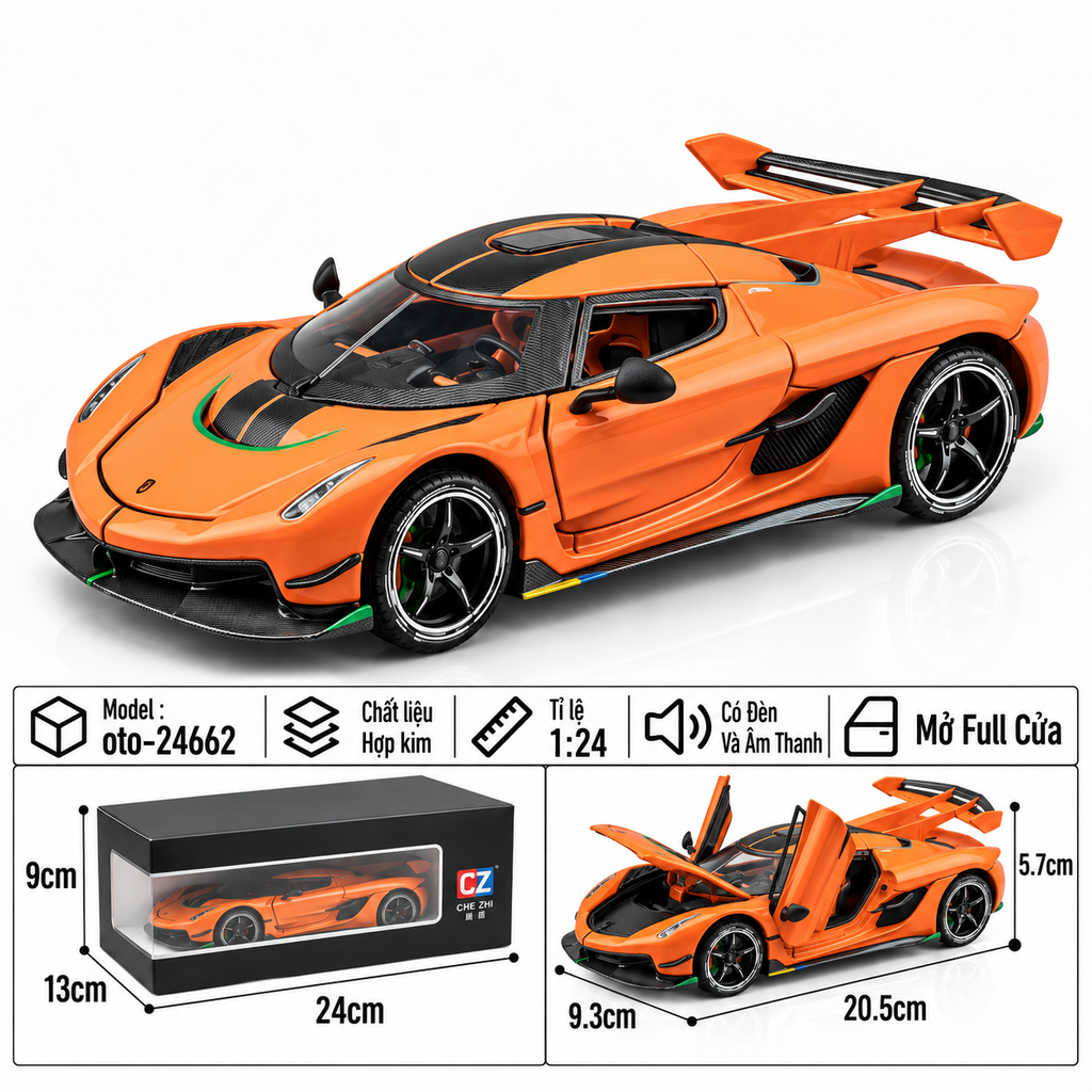 Xe thể thao tỉ lệ 1:24 - chất liệu bằng hợp kim - Có đèn và âm thanh Tính năng mở full cửa - SKU : oto-24662 ( VAT : 103-01-190 )