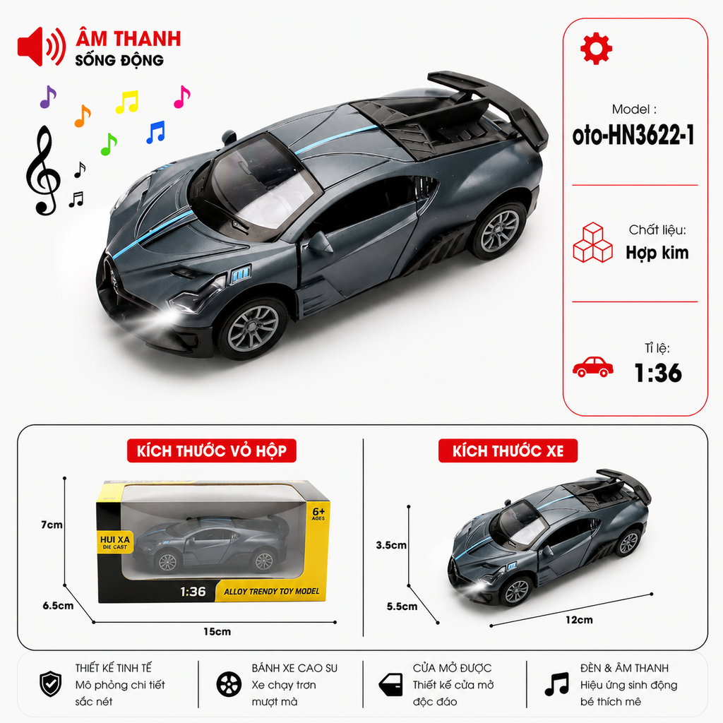 Xe thể thao nhiều kiểu dáng ( Có Đèn , Có Nhạc ) . Chất liệu hợp kim , tỉ lệ 1:36 - SKU : oto-HN3622-1 - ( VAT : 103-01-35 )