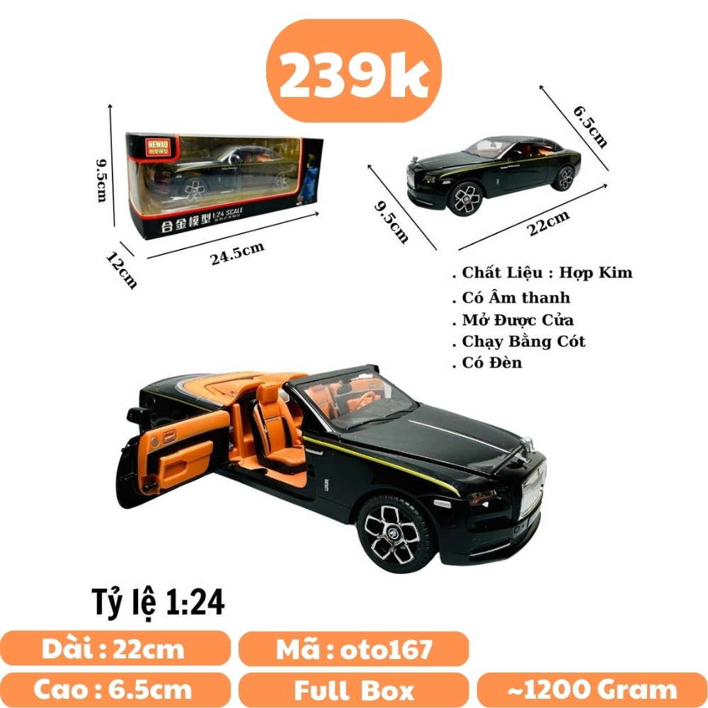 Mô Hình Xe Roll royce đen 1.24 Hợp kim có thể mở cửa - bánh sau chạy cót - Có tiếng  đèn pha sáng - Dài 22cm - rộng 9.5cm - cao 6.5cm - nặng ~ 1200gram - FULL BOX : box màu SKU : oto167 n3-k6-t3-s3