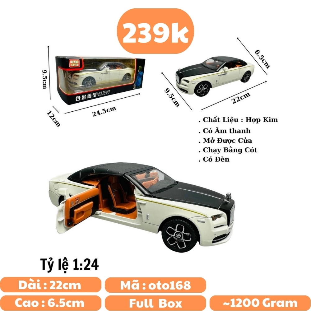 Mô Hình Xe Roll royce trắng 1.24 Hợp kim có thể mở cửa - bánh sau chạy cót - Có tiếng - đèn pha sáng - Dài 22cm - rộng 9.5cm - cao 6.5cm - nặng ~ 1200gram - FULL BOX : box màu SKU : oto168 N3-K2-T5-S2