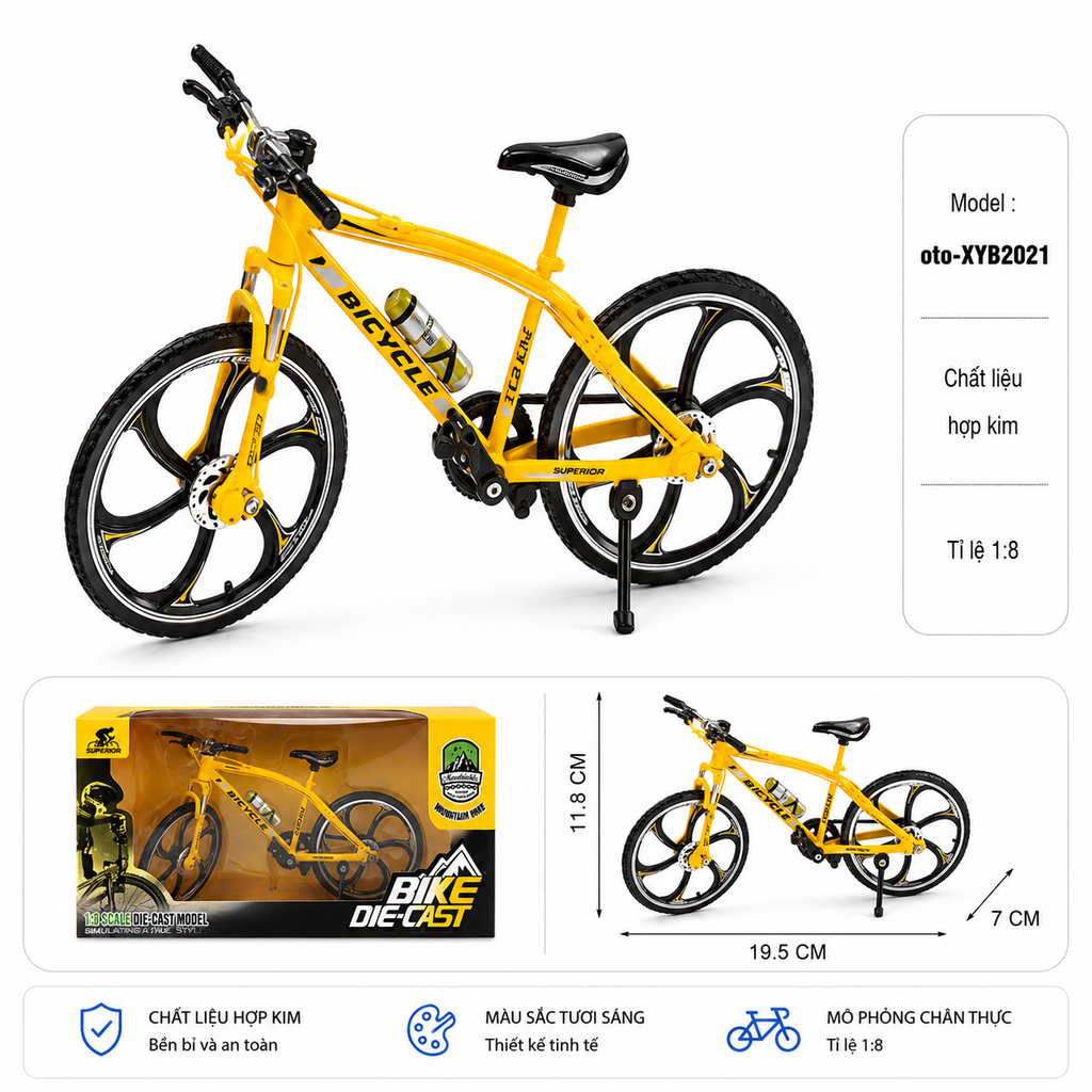Mô Hình xe đạp địa hình 1:8 Hợp kim - Dài 19.5cm - rộng 6cm - cao 11.5cm - nặng ~ 500gram - FULL BOX : box màu SKU : XYB2021 - (VAT: 103-04-60)