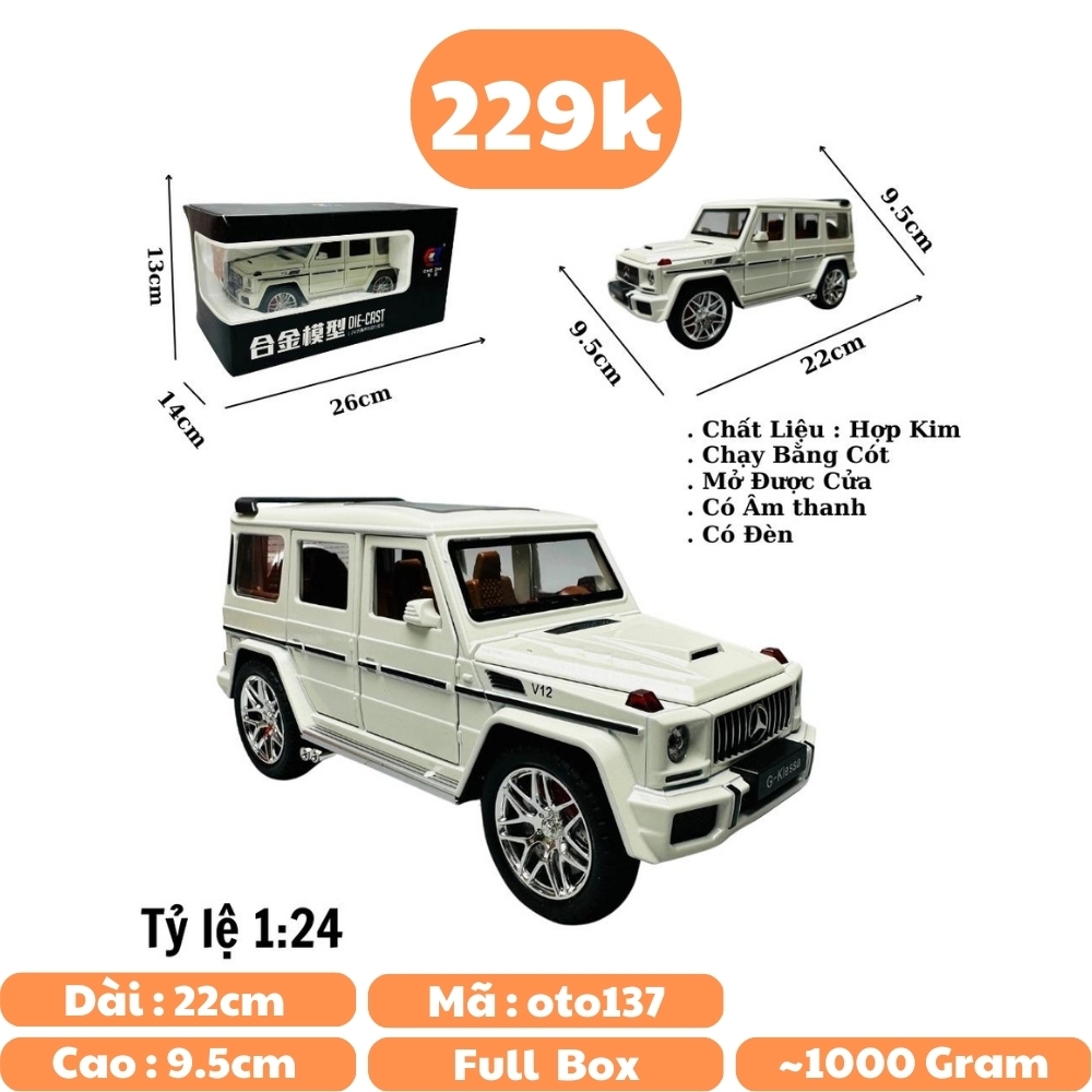 Mô Hình Xe G63 trắng 1:24 Hợp kim có thể mở cửa - bánh sau chạy cót - Có tiếng - đèn pha sáng - Dài 22cm - rộng 9.5cm - cao 9.5cm - nặng ~ 1000gram - FULL BOX : box màu SKU : oto137 -n3-k7-t2-s3