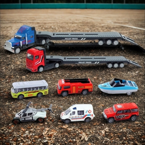 Mô Hình xe container chở xe con và máy bay trực thăng ( Ngẫu Nhiên ) , tỉ lệ 1:64, chất liệu hợp kim và nhựa - Dài 29cm - rộng 4.8cm  - cao 9cm - SKU : oto-QZ635-D - ( Vat : 103-01-35 )