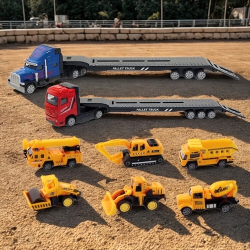Mô Hình xe container chở xe xây dựng , tỉ lệ 1:64, chất liệu hợp kim và nhựa - Dài 29cm - rộng 4.8cm - cao 9cm - SKU : oto-QZ635-C -( Vat : 003-01-35 ) - T4