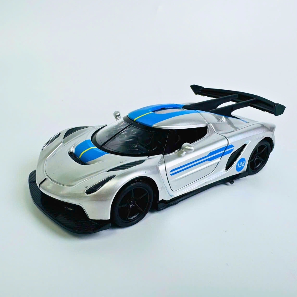 Mô Hình Xe Đua Bạc Vạch Xanh tỉ lệ 1:36 Hợp kim có thể mở cửa - bánh sau chạy cót - Dài 12.5cm - rộng 5.5cm - cao 3.5cm - nặng : 300gram - FULL BOX : box màu SKU : oto535d - K53-T1-S9