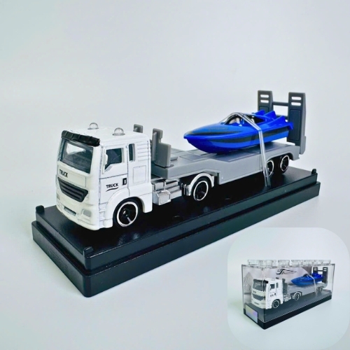 Mô Hình xe công chở cano màu xanh dương . tỉ lệ 1:64 - Dài 12.5cm - rộng 2.7cm - cao 5cm - nặng : 300gram - FULL BOX . SKU : oto509c