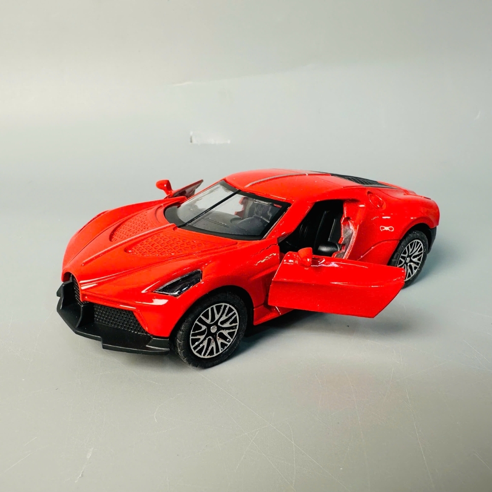 Mô Hình xe bugati đỏ xọc trắng tỉ lệ 1:36 Hợp kim có thể mở cửa - bánh sau chạy cót - Dài 11cm - rộng 5cm - cao 5cm - nặng : 500gram - FULL BOX : box màu SKU : oto431 - K66-T1-S6