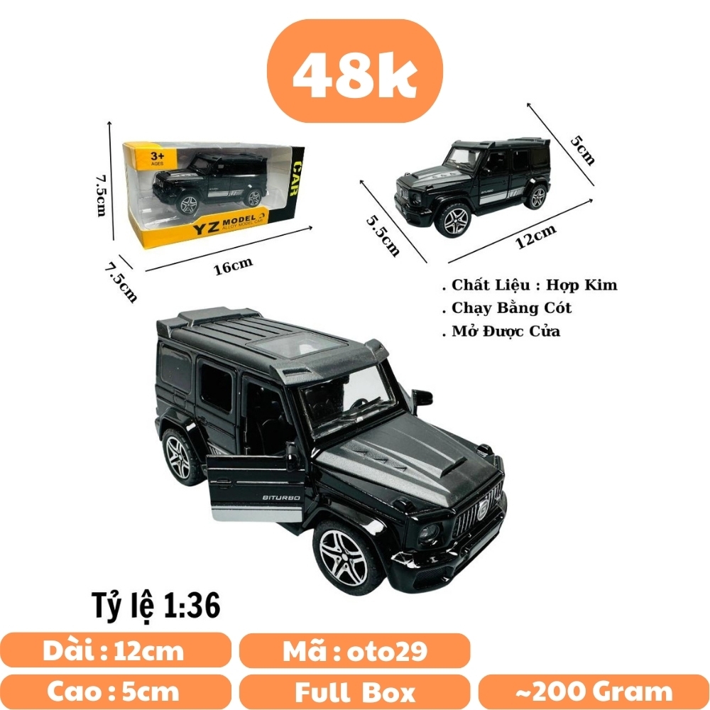 Mô Hình xe Mẹc G63 màu Đen - tỉ lệ 1:36 Hợp kim có thể mở cửa - bánh sau chạy cót  - Dài 12cm - rộng 5cm - cao 5cm nặng : 200gram - FULL BOX : box màu - SKU : OTO29 - N3-K4-T5-S2