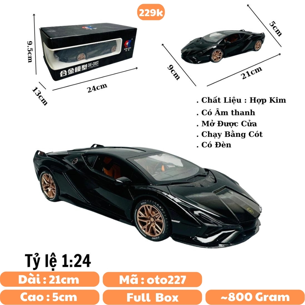 Mô Hình Xe lamborgini đen 1:24 Hợp kim - Có tiếng - đèn pha sáng - Dài 21cm - rộng 9cm - cao 5cm - nặng ~ 800gram - FULL BOX : box màu SKU : oto227 - N3-K6-T1-S2