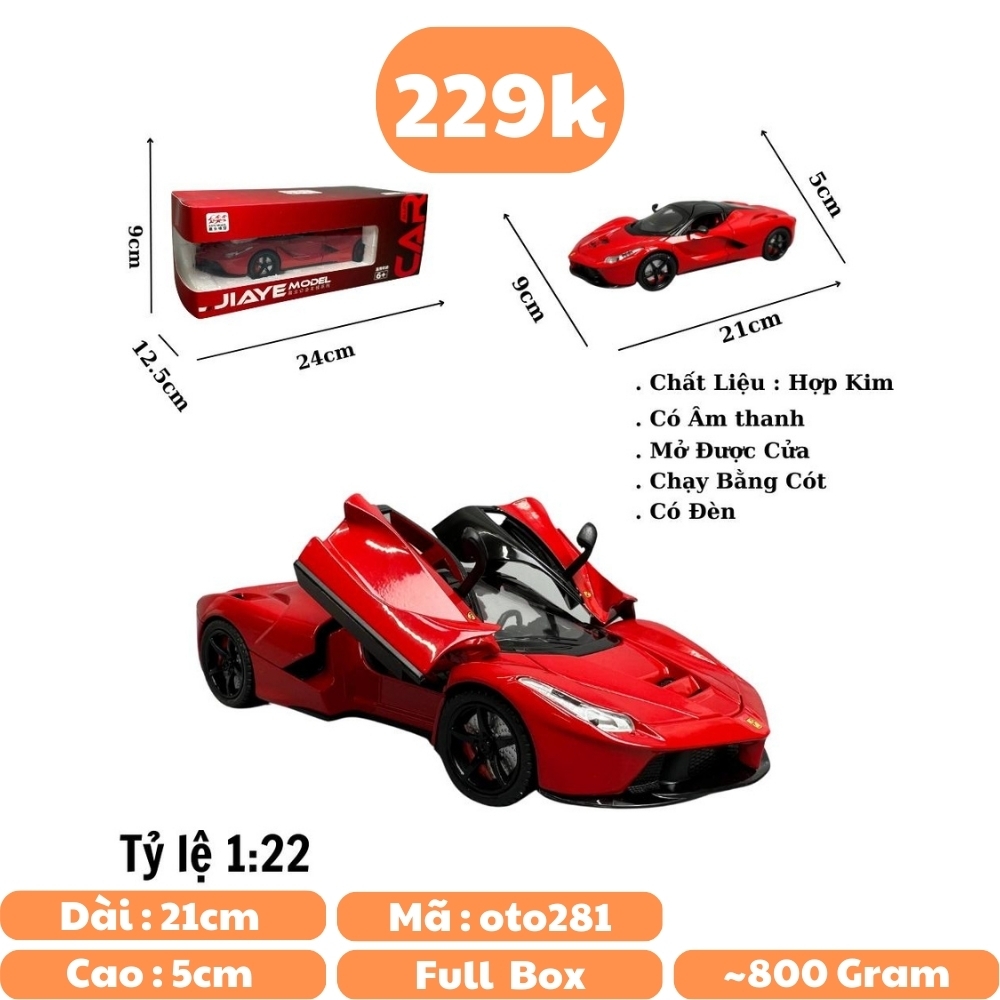 Mô Hình xe laferari đỏ tỉ lệ 1:22 Hợp kim có thể mở cửa - bánh sau chạy cót - Dài 21cm - rộng 9cm - cao 5cm - nặng : 800gram - FULL BOX : box màu SKU : oto281 n3-k7-t1-s1