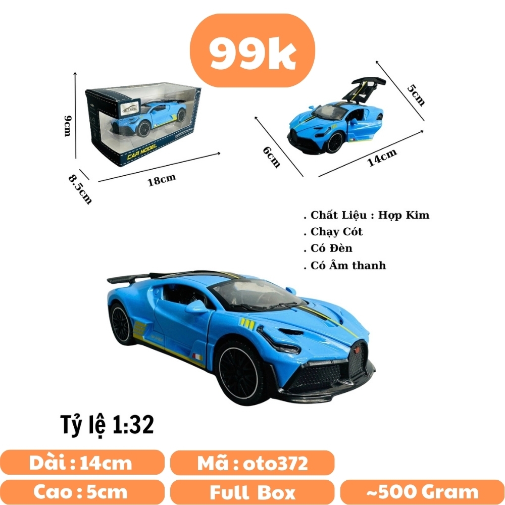 Mô Hình xe Bugati xanh biển tỉ lệ 1:32 Hợp kim có thể mở cửa - bánh sau chạy cót - Dài 14cm - rộng 6cm - cao 5cm - nặng : 500gram - FULL BOX : box màu SKU : oto372 n3-k2-t3-s3