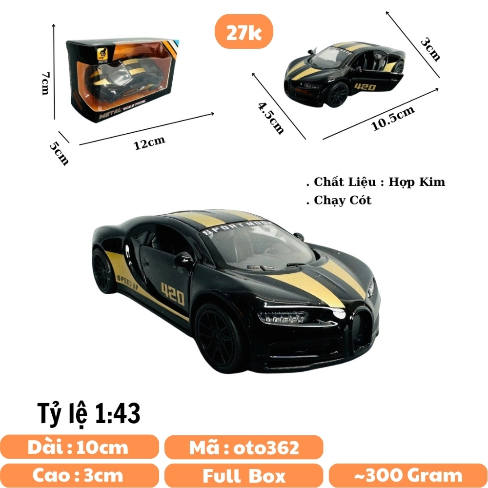 Mô Hình xe bugati đen sọc vàng tỉ lệ 1:43 Hợp kim có thể mở cửa - bánh sau chạy cót - Dài 10cm - cao 3cm - nặng 200gram - Figure Oto - FULL BOX : box màu - SKU : oto362 số 23