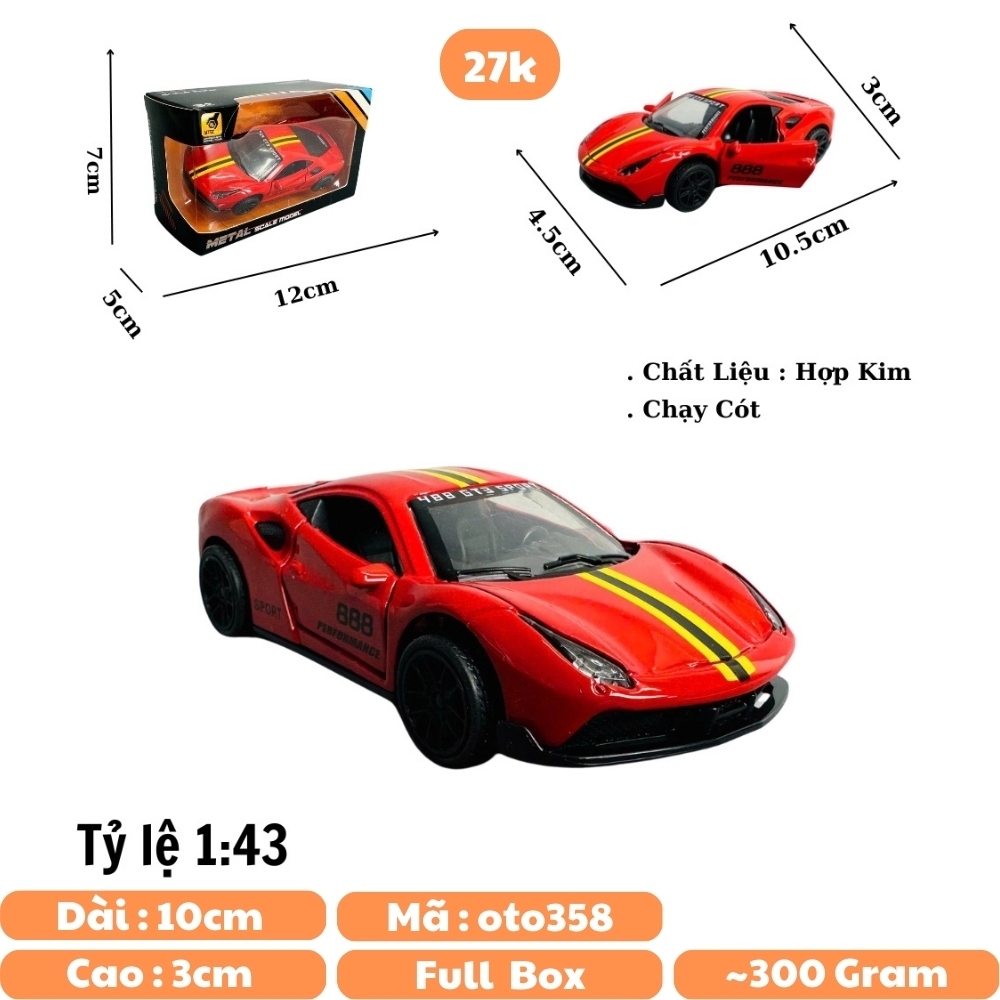 Mô Hình xe Ferrari đỏ sọc vàng tỉ lệ 1:43 Hợp kim có thể mở cửa - bánh sau chạy cót - Dài 10cm - cao 3cm - nặng 200gram - Figure Oto - FULL BOX : box màu - SKU : oto358 số1