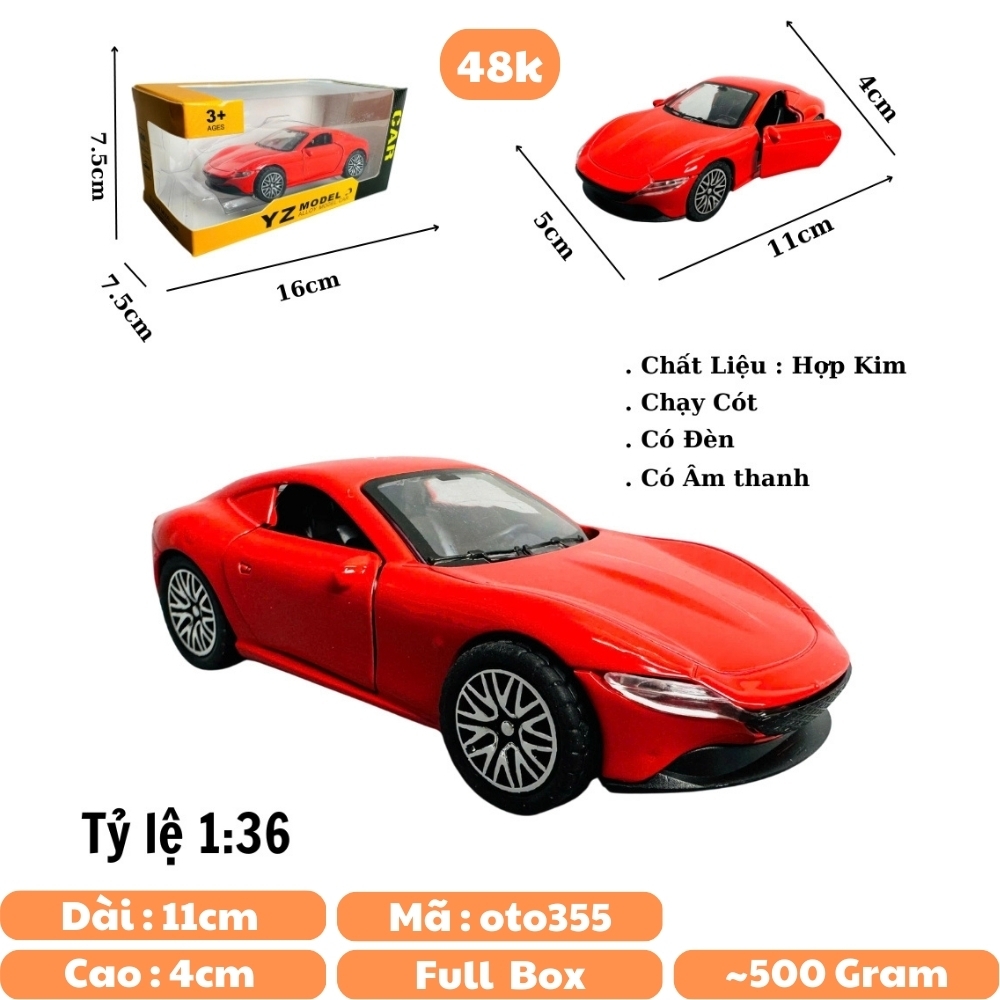 Mô Hình xe Ferrari Roma đỏ tỉ lệ 1:36 Hợp kim có thể mở cửa - bánh sau chạy cót - Dài 11cm - rộng 5cm - cao 4cm - nặng : 500gram - FULL BOX : box màu SKU : oto355 n3-k9-t1-s1