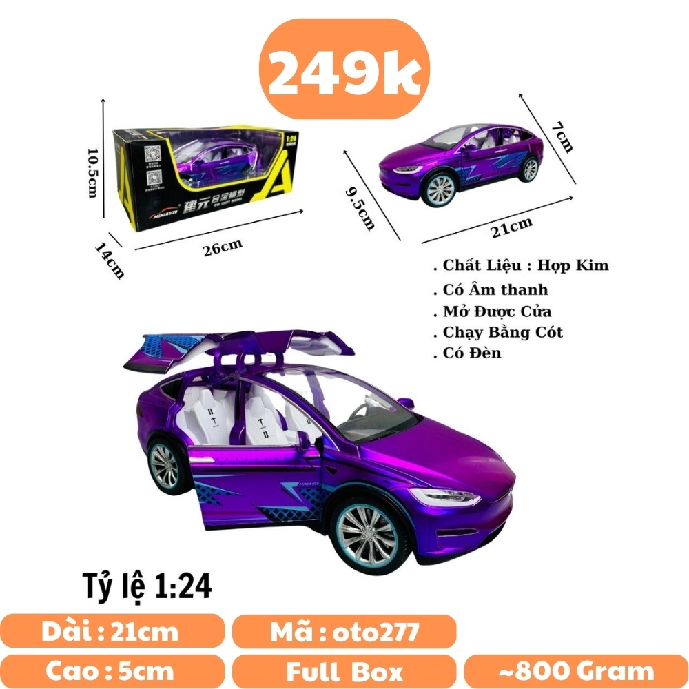 Mô Hình xe tesla tím tỉ lệ 1:24 Hợp kim có thể mở cửa - bánh sau chạy cót - Dài 21cm - rộng 9.5cm - cao 7cm - nặng : 800gram - FULL BOX : box màu SKU : oto277 - N3-K7-T4-S4