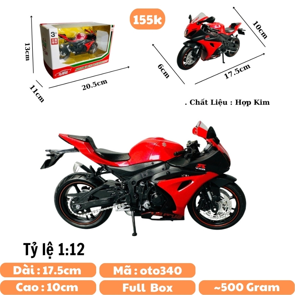 Mô Hình xe máy gsx đỏ đen 1:12 Hợp kim - Dài 17.5cm - rộng 6cm - cao 10cm - nặng ~ 700gram - FULL BOX : box màu SKU : oto340 - n3-k7-t5-s2