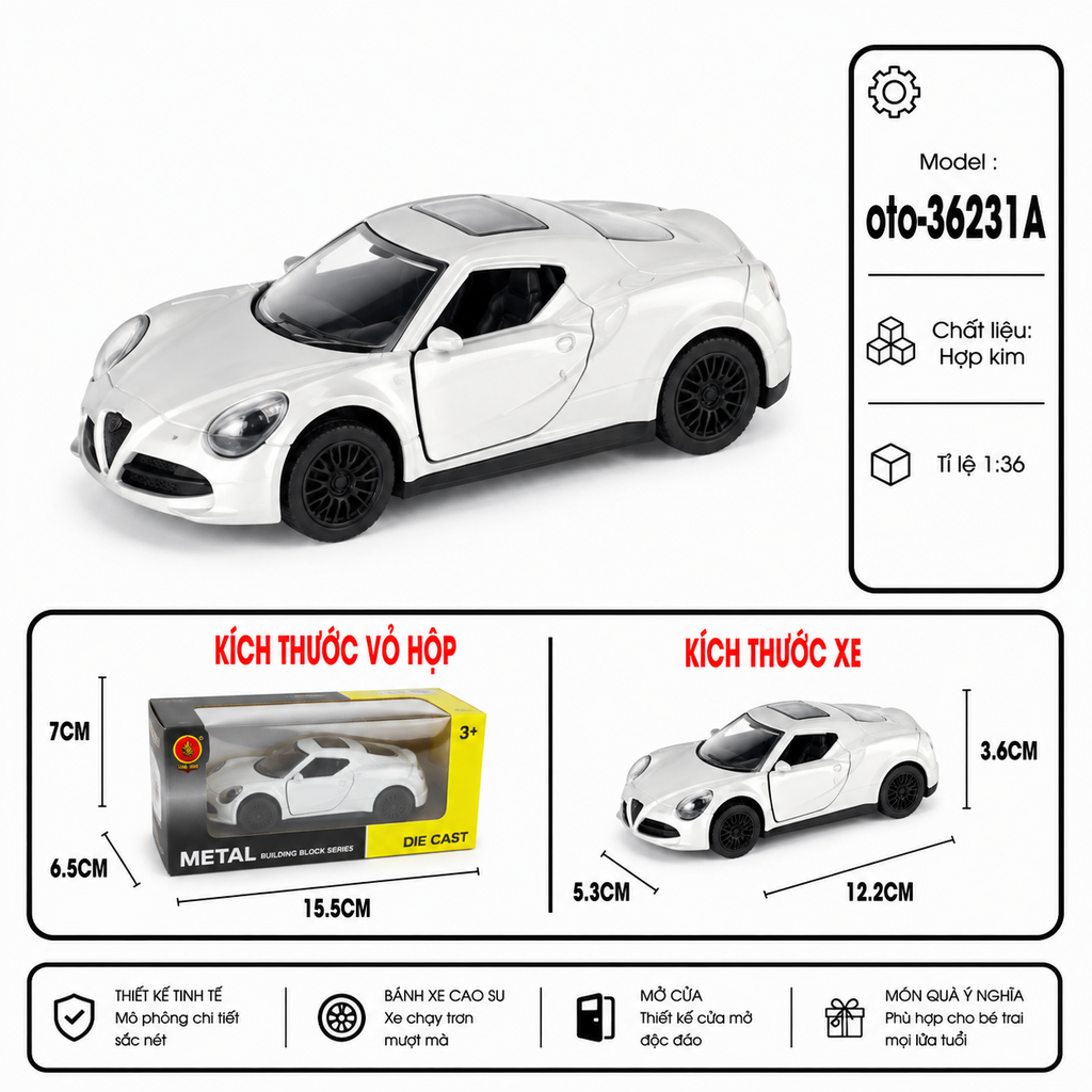 Xe thể thao nhiều màu sắc  , chất liệu hợp kim , tỉ lệ 1:36 - SKU : oto-36231A ( Vat : 103-01-35 )