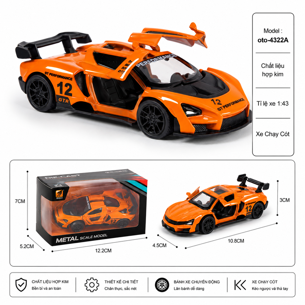 Mô Hình xe Oto đua hợp kim , tỉ lệ 1:43 - Dài 10.8cm - rộng 4.5cm - cao 3cm - SKU : oto-4322A - ( Vat : 003-01-20 )