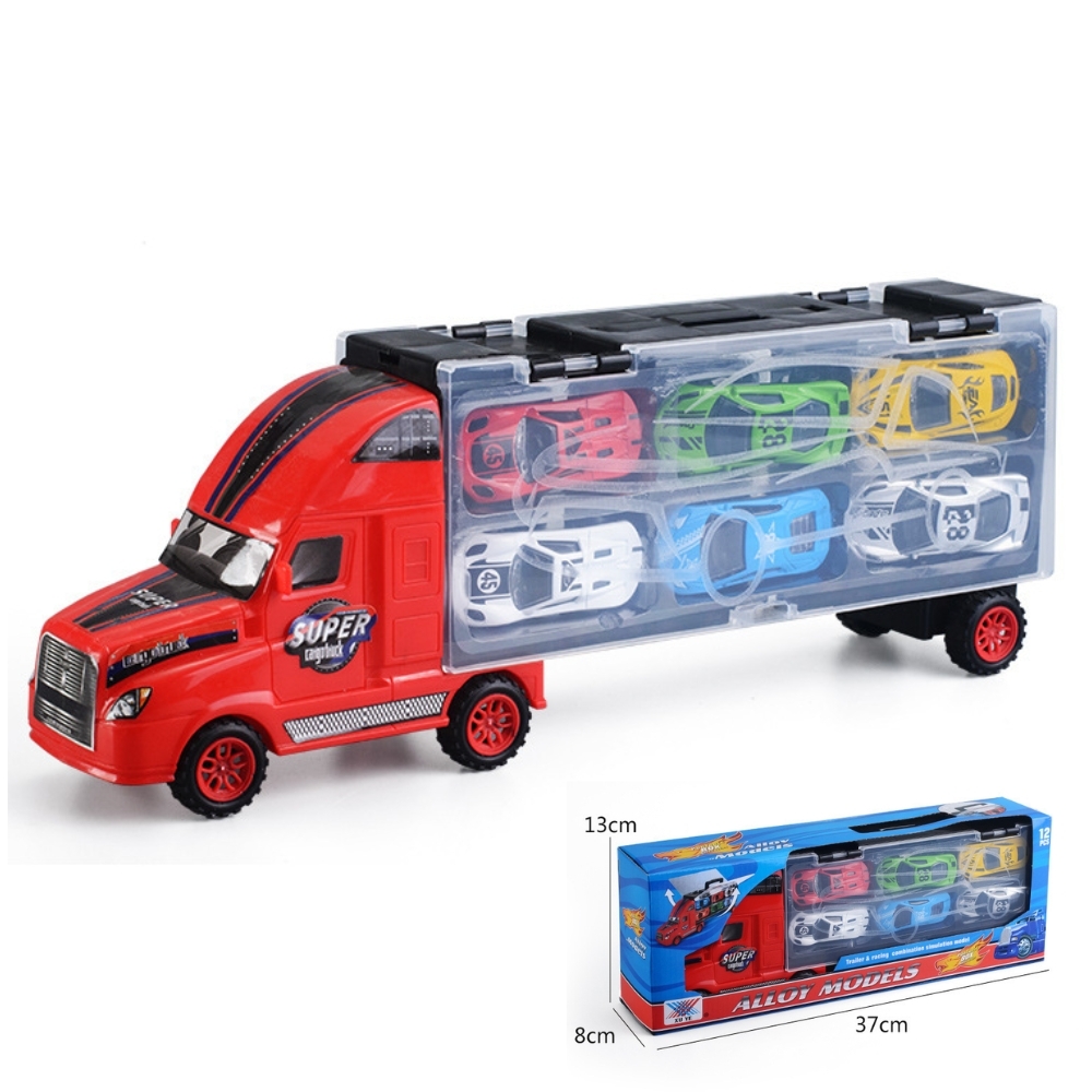 Mô Hình xe container chở xe 2 màu Đỏ Xanh - SKU : oto-YM225366 ( VAT 003-01-50 )